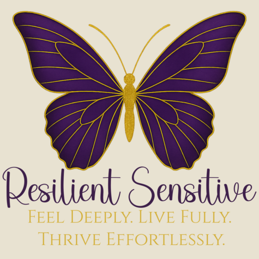 Resilient Sensitive Logo. Feel Deeply. Live Fully. Thrive Effortlessly. This has an ivory background with a Purple and gold butterfly.